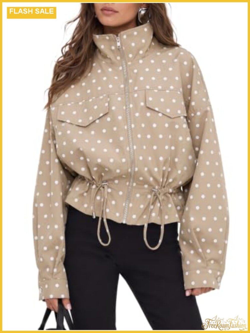 Women's Zip Up Casual Jacket Polka Dot Retro Stand Collar Lightweight
